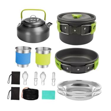 Imagem de harayaa Kit de utensílios de cozinha para camping: panela, frigideira, chaleira, conjunto de cozinha para camping, copos, pratos e garfos para churrasco, Verde