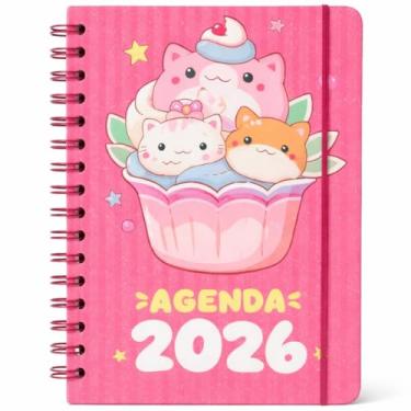 Imagem de Agenda 2026 Espiral Capa Dura com Estampa de Gatinhos Glitter e Elástico Planner Diário 19 x14 cm (Rosa Cupcake)