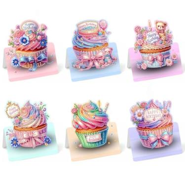 Imagem de tsingsen Pacote com 6 cartões de felicitações DIY Happy Birthday Diamond Art Aniversário, fotos de bolo, cartões comemorativos com pintura de diamante, desejos de aniversário, cartões comemorativos