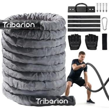 Imagem de Corda de batalha para treino de ginástica em casa - Cordas pesadas para exercícios de treinamento de 3 cm e 9 m, equipamento de fitness com manga e kit de alça de âncora para malhar ao ar livre