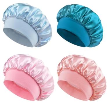 Imagem de Toucas de banho para mulheres, 4 peças, cor sólida, com toucas de banho elásticas, reutilizáveis, duplas, à prova d'água, touca de banho