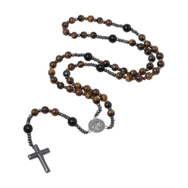 Imagem de OIDEA Colar de rosário com cruz de olho de tigre: colar de corrente católica com contas de rosário de pedra natural com pingente de medalha de San Benito, joias de oração cristãs, presentes para