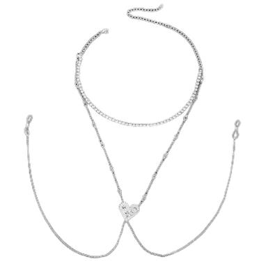 Imagem de Grampos de mamilo de coração com colar de corrente, joia de mamilo com borla de strass prata, colar de corrente de peito não perfurante, lingerie sexy sutiã corrente para mulheres, festival, rave, dia