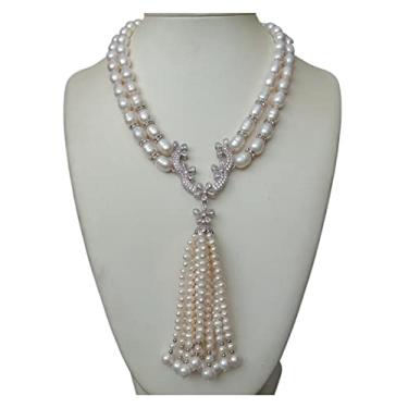Imagem de DWBPGVUN Colar de água doce de arroz branco cultivado com 2 fios de 48 cm, banhado a prata, conector pavimentado, pingente de borla de pérola, casamento