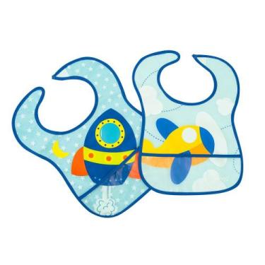 Imagem de Kit 2 Babadores Impermeáveis Avião/Foguete com Coletor e tiras autocol