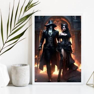 Imagem de Quadro Pombagira e Exu Caveira 24x18cm Moldura Branca