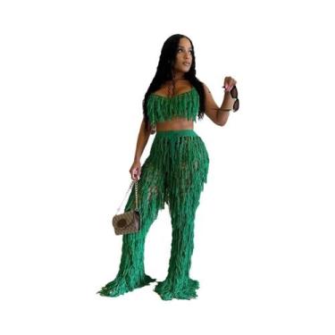Imagem de Conjunto De Praia Feminino Sexy Em Crochê Com Franjas, Top Cropped Com
