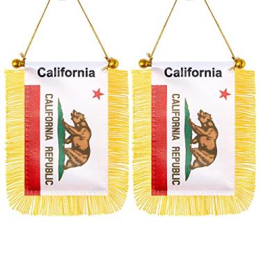 Imagem de CANTENDO Pacote com 2 bandeiras para pendurar na janela dos EUA, Califórnia, mini bandeira de carro do estado da Califórnia dos EUA com haste borla ventosa decoração de espelho retrovisor (7 x 12 cm)