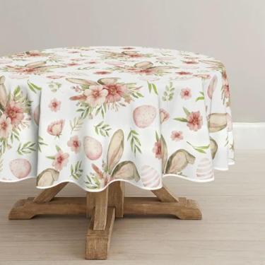 Imagem de Toalha de mesa de Páscoa branca redonda de 152 cm, estampa floral de orelhas de coelho e ovos de Páscoa, capa de mesa de Natal à prova de derramamento de PVC para uso decorativo