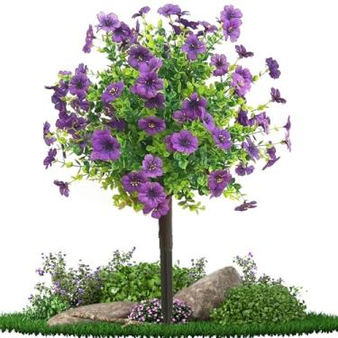 Imagem de Arbustos artificiais para ambientes externos | Arbustos artificiais para ambientes externos | Plantas realistas resistentes a UV com flores violetas e estaca para decoração ao ar livre