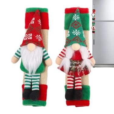 Imagem de 2 capas de maçaneta de geladeira de Natal, capas de porta de Natal com orifício para maçaneta, capas de maçaneta de geladeira de gnomo, capas de maçaneta para geladeira, micro-ondas, forno