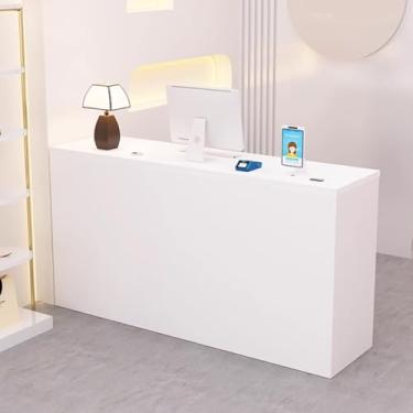 Imagem de Mesa de recepção com gavetas – balcão de varejo, recepção simples, mesa de computador de escritório com grande armário de armazenamento, solução de finalização de compra fácil de montar para empresas