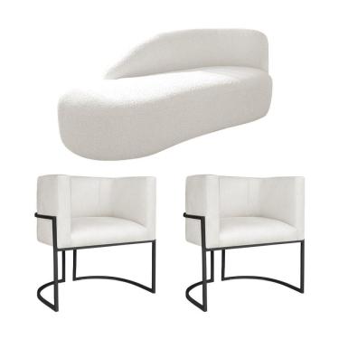 Imagem de Kit Divã Luna 140cm Lado Esquerdo E 02 Poltronas Base De Ferro Preto Bouclé Cor Branco Tx