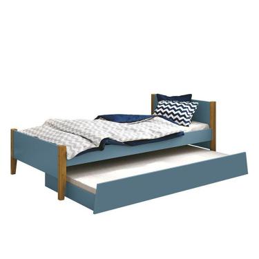 Imagem de Bicama Solteiro Simba Azul Fosco Com Pés Amadeirado E Colchões D20 E D33 Reller Móveis