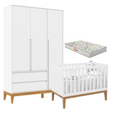 Imagem de Berço Americano Unique E Guarda Roupa 3 Portas Nature Clean Branco Soft Eco Wood Com Colchão Gazin