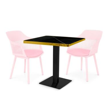 Imagem de Conjunto Mesa De Jantar Quadrada Venezia 70x70cm Preta Com 2 Cadeiras Estofadas Marcela - Rosa