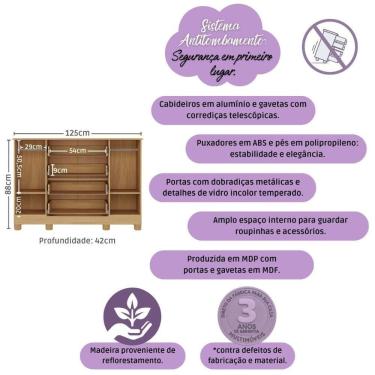 Imagem de Cômoda Infantil 125cm 2 Portas Com Vidro E 4 Gavetas Sol Multimóveis MP4423 Madeirado/branco