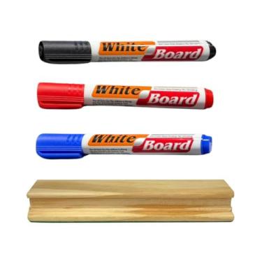 Imagem de Kit 3 Marcadores de Quadro Branco + Apagador – Cores Clássicas, Ponta Resistente e Apag...