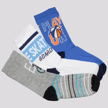 Imagem de Kit Meia Selene 3 Pares Cano Longo Infantil Branca Cinza e Azul, 29-34
