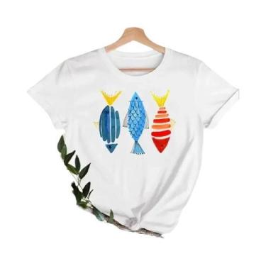 Imagem de Camiseta Feminina Casual Da Moda, Manga Curta, Estampa Gráfica De Peix