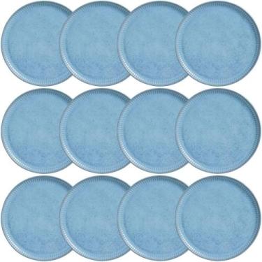 Imagem de Kit 12 Pratos Cerâmica Azul Rasos 27cm Porto Brasil Linhas Breeze Mesa