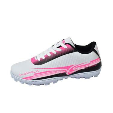 Imagem de Chuteira Society Premium EX Original Lançamento Haymax, Branco, Rosa, 