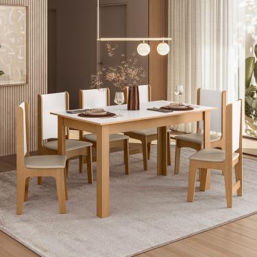 Imagem de Conjunto Sala de Jantar Mesa Sara 136cm com 6 Cadeiras Luana Sonetto - Mel/Off/Savana