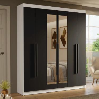 Imagem de Guarda Roupa Casal Saturno 6 Portas Batentes 4 Gavetas MDP com Espelho Branco-preto Madesa