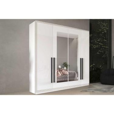 Imagem de Guarda Roupa Casal Valência 4 Portas de Bater 4 Gavetas MDF-MDP Porta com Espelho Branco Politorno