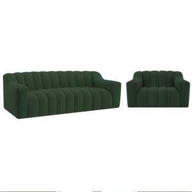 Imagem de Kit 1 Sofá 200cm 2 Poltrona Luxo Recepção Sala Elegance Bouclé Verde
