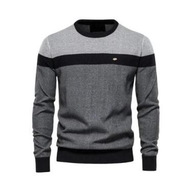 Imagem de Suéter Masculino Casual De Algodão Com Gola Redonda E Detalhes Em Tric