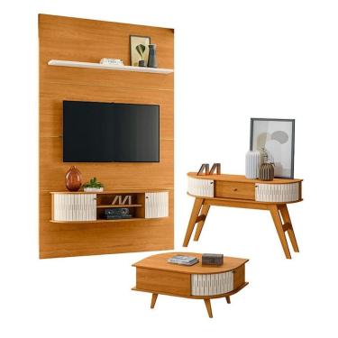 Imagem de Estante Home Theater com Bancada Suspensa Monte Carlo com Aparador Estoril e Mesa de Centro Indianápolis Cinamomo Off White – Madetec