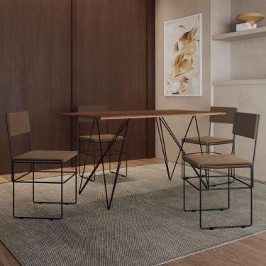 Imagem de Mesa Jantar Industrial Trama 1,40x0,80m Amêndoa Com 4 Cadeiras Estofad