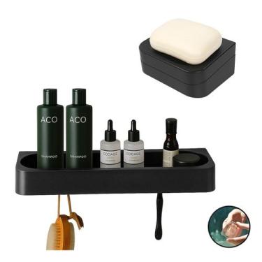 Imagem de Kit Banheiro 2pç Saboneteira + Porta Shampoo Com Adesivo Preto - Eleve