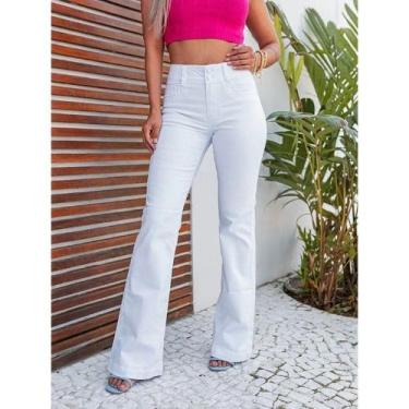 Imagem de Calça Flare Feminina Cintura Alta com Elastano Loopper Jeans, Branco, 