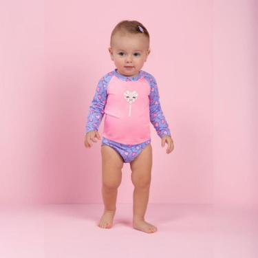 Imagem de Maiô Bebê Manga Longa Rosa e Lilás Pirulito Proteção UV 50+ - Manulele