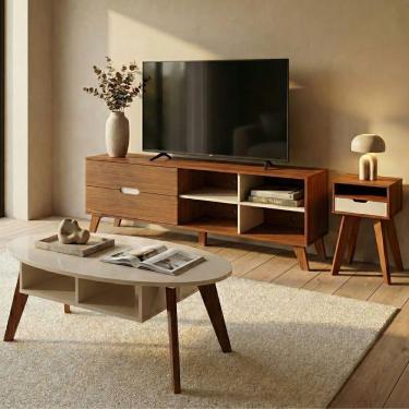 Imagem de Conjunto para Sala de Estar Verona com Rack 3 Gavetas 2 Prateleiras em MDF e MDP 180cm Cedro Off White Dkadidecor