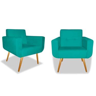 Imagem de Kit 02 Poltronas Decorativa Anitta Pés Madeira Suede Turquesa