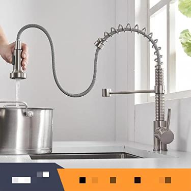 Imagem de Torneiras de cozinha escova torneiras de bronze para pia de cozinha de alavanca única pull out primavera bico misturadores torneira de água quente e fria guindaste, 866053, escovado, china