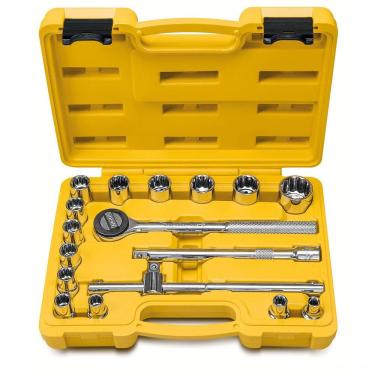 Imagem de Jogo de Soquetes Estriados Encaixe 1/2" em Aço Cromo Vanádio com Acabamento Cromado Maleta 17 Peças Tramontina