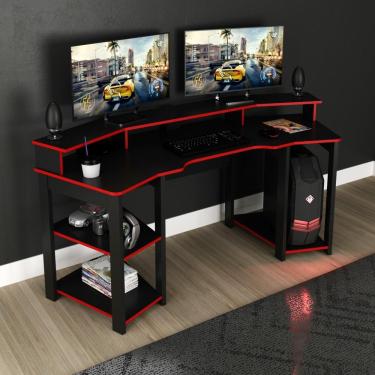 Imagem de Mesa Gamer Escrivaninha Para Computador Home Office 3 Prateleiras Espaço CPU Quarto Preto e Vermelho