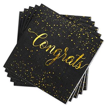 Imagem de Whaline Pacote com 80 guardanapos de papel de parabéns, 12,7 x 12,7 cm, guardanapos descartáveis para festa de formatura pretos para noivado, formatura, chá de bebê, festa de celebração