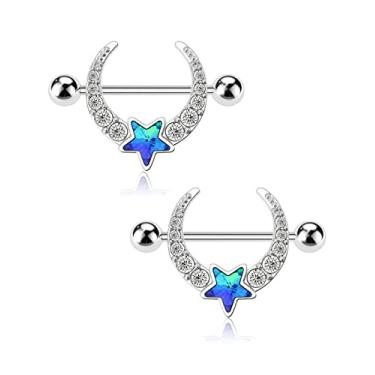 Imagem de Melighting Joia piercing de mamilo 14G, barra de aço cirúrgico 316L com estrela azul lua zircônia transparente, joia unissex para mulheres e homens, Metal, Aço cirúrgico