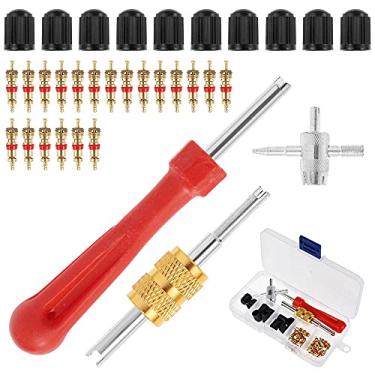 Imagem de AB1 33 peças conjunto de ferramentas de extrator de haste de válvula de encaixe com 10 peças tampas de válvula de pneu 20 peças núcleos de válvula 2 peças removedor de núcleo de válvula de cabeça dupla e única 1 peça ferramenta de válvula de 4 vias para carro caminhão motocicleta Bic