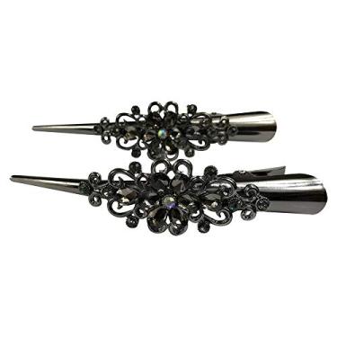 Imagem de Grampos de cabelo de metal retrô grandes com presilhas de flor de pato e strass para cabelo com pino de cabelo com dentes, estilosos para mulheres e meninas acessórios de joia de cabelo (preto)