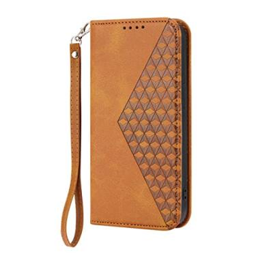 Imagem de DENSUL Capa de couro para iPhone 14/14 Pro/14 Plus/14 Pro Max, capa carteira de cartão, capa flip magnética, pulseira anti-queda TPU pára-choques à prova de choque diamante pressão capa, laranja, 14 Plus 6,7 polegadas