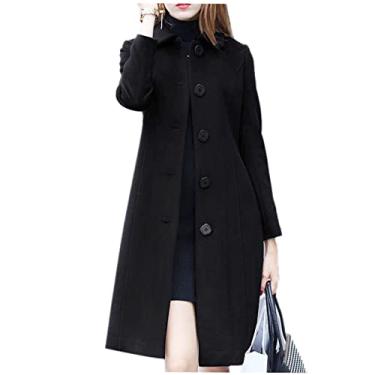 Imagem de Casaco Longo Feminino Trench Coat de Lã Sintética Inverno Engrossado Slim Fit Preto GG