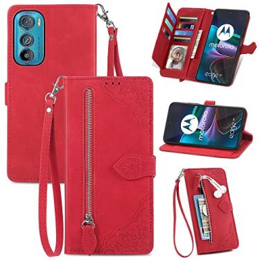 Imagem de Capas de telefone com slots de cartão de luxo compatíveis com Motorola Edge 30 Edge30 capa de couro cordão de negócios com zíper carteira clipe de telefone (vermelho, Motorola Edge 30)