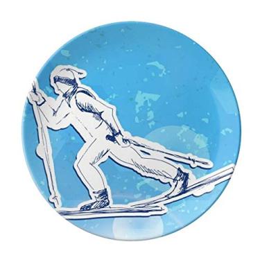 Imagem de Prato de ilustração de inverno esportivo snowboard azul e branco decorativo de porcelana salver louças de jantar