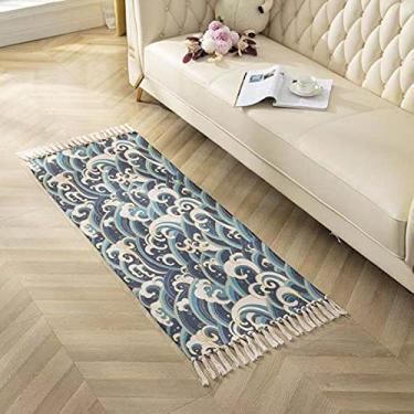 Imagem de jia cool, Tapete de área de algodão, tapete de tecido lavável com borlas, tapete geométrico boêmio para cozinha, sala de estar, quarto, banheiro, lavanderia, 60 x 150 cm